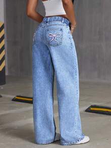 Tween Girl's Oversized Bow Print Denim Palazzo Pants, Loose And Fashionable - Dark Wash - View 4