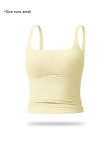 Camiseta deportiva sin mangas para mujer de color sólido, casual, cómoda y transpirable, ideal para yoga, gimnasio, entrenamiento y correr; ropa deportiva para todas las estaciones; chaleco con cintura. - Amarillo - Ver 1