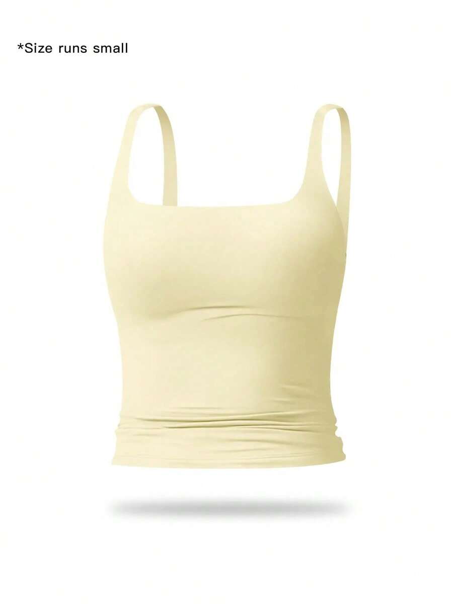 Camiseta deportiva sin mangas para mujer de color sólido, casual, cómoda y transpirable, ideal para yoga, gimnasio, entrenamiento y correr; ropa deportiva para todas las estaciones; chaleco con cintura. - Amarillo - Ver 1