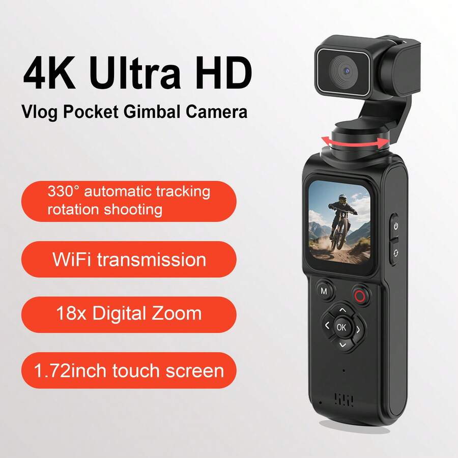 POCKET High-Definition 4K Pocket Action Camera, 330° Automatic Left-Right Tracking Rotating Video Recorder, Equipped With 1.72-Inch Touch High-Definition Display Screen, 12 Million Effective Pixels, WIFI Connection For Instant Photo Sharing, One-Click Rotating Selfie Vlog Camera, 18x Digital Focus, Supports USB Charging, Comes With Tripod, Convenient For Carrying And Use. - 查看 1