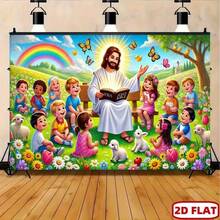 2D Flat Banner Backdrop For Children - Religious Teaching Scene With Rainbow, Butterfly, Animals, Sheep - Suitable For Birthday, Wedding, Sunday School - Multicolor - View 1