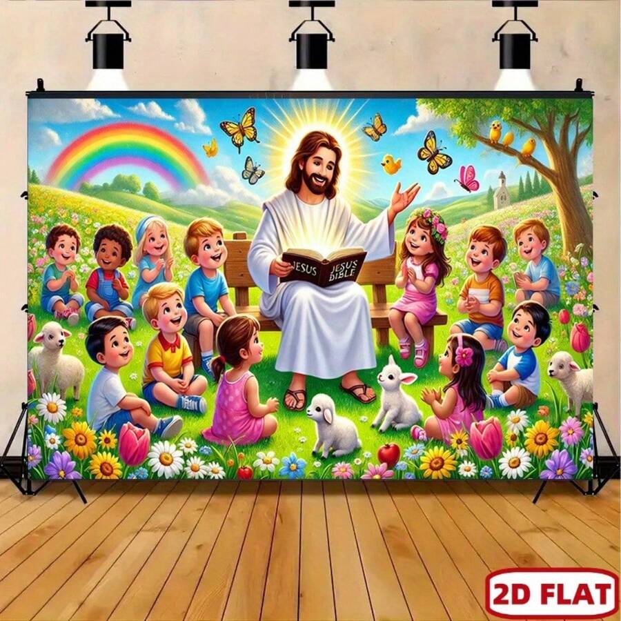 2D Flat Banner Backdrop For Children - Religious Teaching Scene With Rainbow, Butterfly, Animals, Sheep - Suitable For Birthday, Wedding, Sunday School - Multicolor - View 1