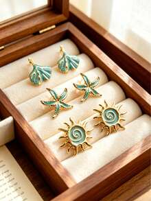 French Retro Ins Beach Vacation Stud Earrings, Ginkgo Leaf StarfishPlumpOutline,Hypoallergenic304Steel,RomanticAccessoryForVacationTravelPhotoShooting - Multicolor - View 8
