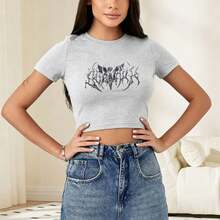 Women'S Slim-Fit Crop Top T-Shirt,Retro Street Style Short Sleeve With Edgy Gothic Lettering Print, Round Neck, Spring/Summer Fashion Statement Piece - 灰色 - 查看 1
