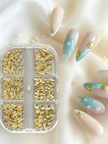 6-Grid Box Gold Ocean Metal Nail Art Charms, Starfish Shell Conch 3D Metal Nail Studs, Summer Beach Style DIY Nail Decoration Accessories - Gold - View 10
