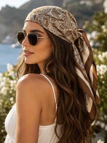 1pc New Paisley Print Square Scarf, Spring/Summer Women's Headscarf Sun Protection Shawl, Suitable For Daily Wear And Vacation - Brown - View 1