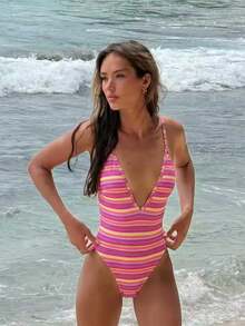 Ladies' Pink & Black Vertical Stripe Deep V Bikini One-Piece Swimwear, Backless Beach Vacation Hot Girl Swimwear For 2026 Spring & Summer - Multicolor - View 4