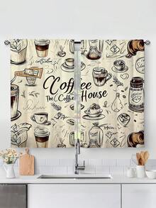 2pcs Coffee Print Kitchen Curtains, No Hole Short Curtains, Suitable For Bedroom, Office, Kitchen, Living Room, Study Home Decor - Multicolor - View 1
