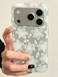 Fashion Minimalist Lace Lily Pattern Phone Case, Compatible With IPhone 17 Pro Max 17 Pro 17 16 ProMax 15 14 13 12 Pro Max, Camera Protection Back Cover - White Flowers - View 19