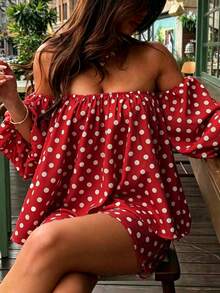 Women's Spring/Summer Black & White Polka Dot Off-Shoulder Lantern Sleeve Loose Top And Elastic Waist Shorts 2-Piece Set, Multi-Occasion Red Elegant - Red - View 3