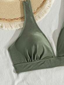 Women's Solid Shiny Fabric V-Neck Bikini 2 Pieces Set For Summer Island Holiday Swimming Vacation Beach - Army Green - View 5