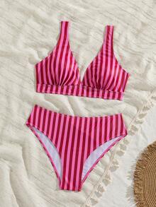 Women's Striped Printed Triangle Neck Bikini 2 Pieces Set Paired With High Waisted Swim Trunks Suitable For Island Vacation Swimming Beach Summer - Multicolor - View 3
