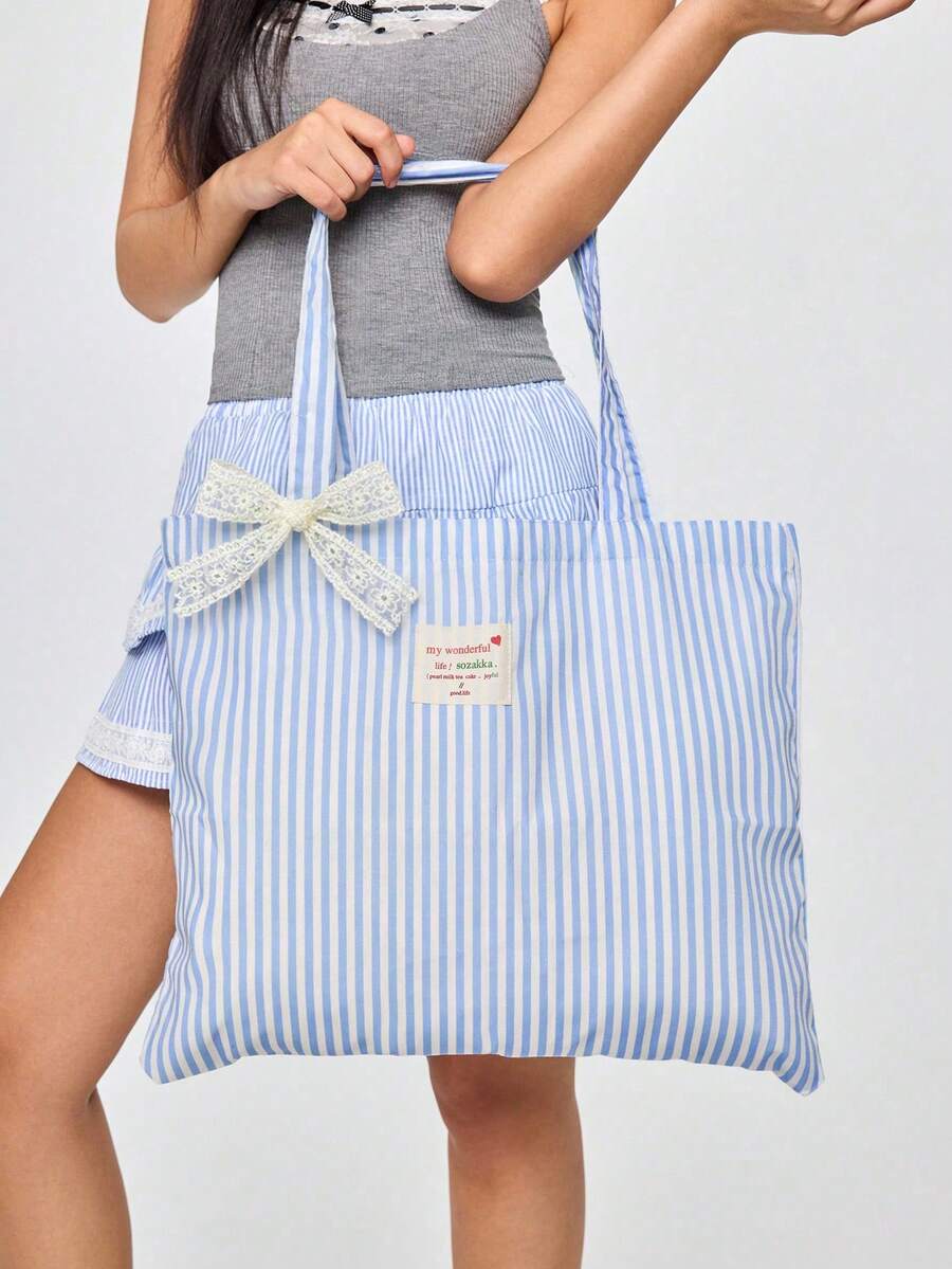 Vintage Striped Canvas Tote Bag, Large Capacity Versatile Striped Shoulder Bag, Suitable For Women's Daily Outings, Shopping And Beach Vacation - Multicolor - View 1