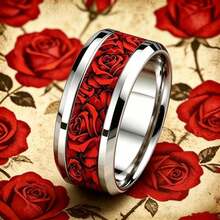 Vintage Red Rose Stainless Steel Ring, 8mm Wide, Made Of Stainless Steel, Romantic Elegant Style, Couples' Ring For Men And Women - Silver and Red Rose Stainless Steel Ring - View 7
