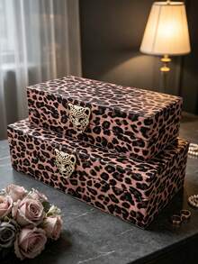 1 Set Of 2 Small & Large PU Leather Jewelry Boxes, Rhinestone Leopard Head Clasp Leopard Print Lidded Accessory Organizer, Velvet Lined Storage Box For Bedroom Vanity Home Decor Gift - Black and Pink - View 13