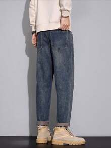 Men Split Seam Detail Vintage Wash Tapered Jeans Casual Baggy Denim Pants - Blue - View 5