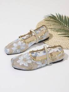 女款花卉刺繡網布穆勒平底鞋，圓頭彈性帶裝飾釘飾，透氣夏季一腳蹬芭蕾舞鞋，適合婚禮與日常穿著 - 彩色 - 查看 6