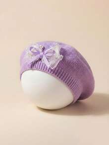 Nueva boina de punto estilo europeo para niños, sombrero de princesa con lazo, adecuado para niñas bebés, sombrero cálido para primavera y otoño - Multicolor - Ver 11