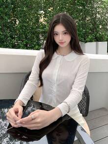 Cardigan Lengan Panjang Kerah Peter Pan Putih Gaya Korea untuk Wanita, Atasan Dalaman Musim Semi dan Gugur dengan Desain Kerah Lipat, Potongan Ramping. - Putih - View 3