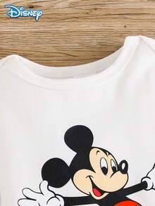 Disney Mickey Mouse 3Pcs Baby Boy Spring/Autumn Long Pants Set, Newborn Infant Mickey Mouse Fun Print Romper, Matching Print Straight Leg Pants, Baby Hat, Casual Everyday Versatile Cute Baby Boy Clothing, Suitable For Outdoor Wear, Ideal Gift - White - View 3