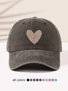 1pc Women's Leopard Print Heart Pattern Outdoor Sports Washed Distressed Fashion Beach Travel Adjustable Soft Top Baseball Cap - A - View 11