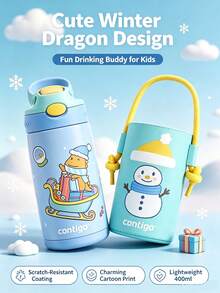 Kids Stainless Steel Vacuum Insulated Water Bottle, Leakproof Pop Up Straw Tumbler With Carry Handle, Cartoon Pattern Thermal Cup For Toddler School Outdoor - Blue - View 8