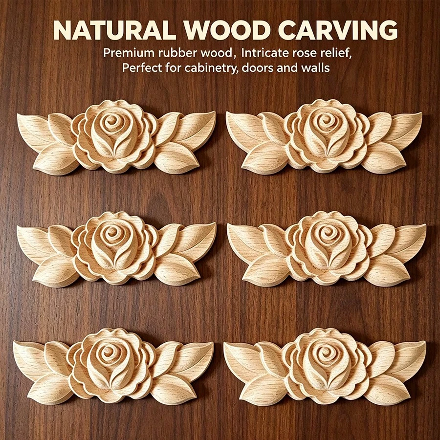 6pcs Solid Wood Carved Inlaid Rose Decor, Suitable For Cabinets, Doors, Windows, Furniture, Background Walls, Porches, Offices And More, Holiday Decor, DIY Decor - Multicolor - View 1