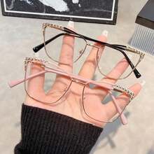 2pcs Women's New Cat Eye Fashion Glasses, Inlaid With Sparkling Rhinestone Decorated Frame, Solid Color Design, Hollow Metal Frame, Fashion Accessory - Transparent white blue light - View 2