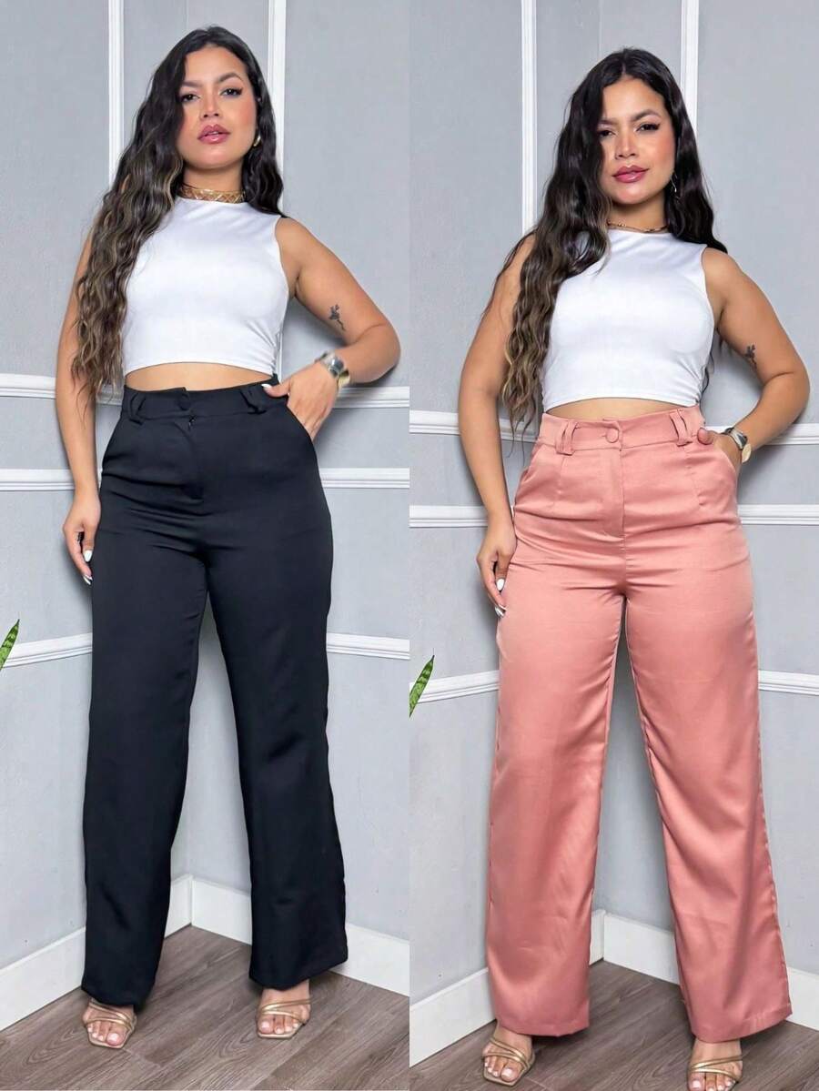 Set Of 2 Women's Tailored Wide Leg High-Waisted Straight-Leg Dress Pants Elegant Casual Office Trousers - 黑玫瑰套裝 - 查看 1