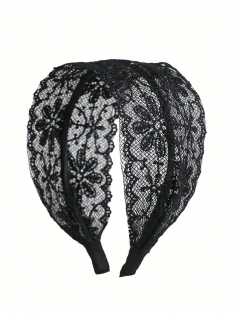 1件大號黑色蕾絲刺繡花卉髮箍,情人節髮帶,髮飾 - 黑色 - 查看 1