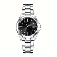 1pc Unisex Silver Stainless Steel Quartz Watch With Red Sunburst Bar-Index Date Dial, Water-Resistant Business And Casual Quartz Wristwatch - one-size - View 9