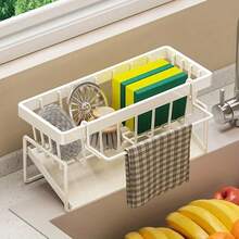 Multifunctional Kitchen Sink Storage Rack With Towel Bar - Metal/Plastic Sponge Holder, Dish Soap Dispenser And Self-Draining Tray - Black & White Color, No-Drill Installation, Compact Storage, Kitchen Sink Accessories, Sink Storage Rack - View 2