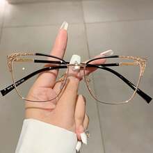 2pcs Women's New Cat Eye Fashion Glasses, Inlaid With Sparkling Rhinestone Decorated Frame, Solid Color Design, Hollow Metal Frame, Fashion Accessory - Transparent white blue light - View 5