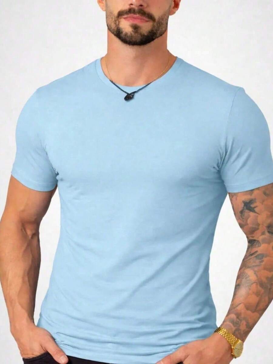 Men's Basic T-Shirt, Plain Cotton, Premium Peruvian Knit - Sky Blue - View 1