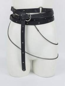 1PC Multi Layer Leather Waist Harness Belt With Metal Chains, Vintage Rivet Punk Body Belt Gothic Layered Waist Strap For Women Cosplay Outfits - Multicolor - View 7