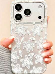 Fashion Minimalist Lace Lily Pattern Phone Case, Compatible With IPhone 17 Pro Max 17 Pro 17 16 ProMax 15 14 13 12 Pro Max, Camera Protection Back Cover - White Flowers - View 3