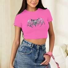 Women'S Slim-Fit Crop Top T-Shirt,Retro Street Style Short Sleeve With Edgy Gothic Lettering Print, Round Neck, Spring/Summer Fashion Statement Piece - 玫紅色 - 查看 2