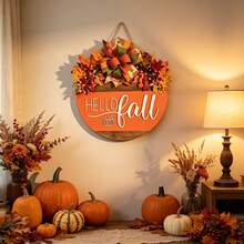 1pc "Hello Fall" Wooden Door Hanger Sign, Rustic Wood Craft Letter Wall Decor With Autumn Greeting, Farmhouse Entryway Hanging Ornament For Seasonal Home Accent. - HELLO Pumpkin Maple Leaf Doorplate - View 4