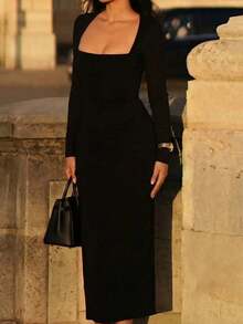 Women's Elegant Black Slim Fit Long Dress - Black - View 4