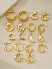 CCD Alloy 9-Piece Set Smooth Texture C-Hoop Water Drop Stud Earrings, Women's Daily Wear Fashion Accessories - Gold - View 2