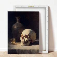 1pc Canvas Wall Art, Framed Wall Decor, Dark Academia Vintage Skull & Whiskey Bottle Still Life Oil Painting Canvas Wall Art, Gothic Gloomy Death Symbol Decor Painting, Suitable For Living Room, Bar, Study, Country Cottage Home Decor, Gift Option, Room Decor, Halloween Bedroom Decor, Home Decor, Horror Gothic Halloween Poster, Halloween Gift - Vintage Skull - View 4