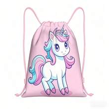 Pink And Blue Unicorn Print Drawstring Backpack Bag For Kids And Girls, Cute School Essential With Cord Closure, Fairytale Travel Accessory For Beach Visits, Dance Class, Camp Activities, Casual Outings And Weekend Adventures - UNICORN-108 - View 1