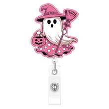 1pc Pink Ghost Retractable Badge Reel Acrylic Halloween Badge Clip Funny Healthcare ID Holder - Multicolor - View 10