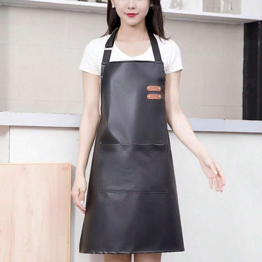 1pc Zipper Pocket Apron, Faux Leather Waterproof Oil-Proof H-Shaped Shoulder Strap, Kitchen Home Fashion Workwear - Black - View 1