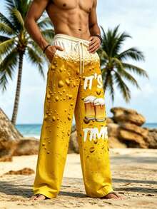 Men's Beer Foam Print Wide Leg Beach Pants It's Time Beer Mug Graphic Drawstring Loose Vacation Trousers - Multicolor - View 3