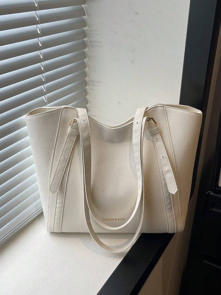 Fashionable New Solid Color Large Capacity Letter Label Design Shoulder Bag, Minimalist Practical Commuter Style Women's Bag - White - View 1