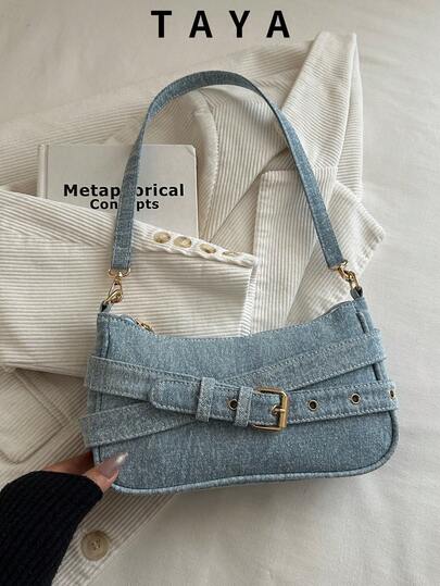 Yeni Vintage Moda Denim Kare Çanta, Metal Kemer Süslemeli, Fermuarlı Açılış, Hafif Minimalist, Küçük Kapasiteli Zarif Dokulu Omuz ve Koltuk Altı Çantası, Kadınların Günlük Yaşamı, Günlük Kullanım, İşe Gidiş, İş ve Tatil ile Öğrenci Kullanımı İçin Uygun