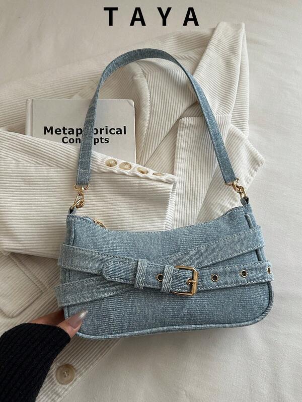 Yeni Vintage Moda Denim Kare Çanta, Metal Kemer Süslemeli, Fermuarlı Açılış, Hafif Minimalist, Küçük Kapasiteli Zarif Dokulu Omuz ve Koltuk Altı Çantası, Kadınların Günlük Yaşamı, Günlük Kullanım, İşe Gidiş, İş ve Tatil ile Öğrenci Kullanımı İçin Uygun