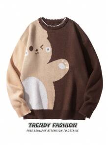 Two-Tone Winking Bear Intarsia Knit Sweater Men's Crew Neck Contrast Trim Loose Fit Pullover - Brown - View 2