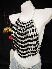 Women's Luxury Shiny Rhinestone Tassel Camisole See-Through Party Club Sexy Crop Top - Black - View 6